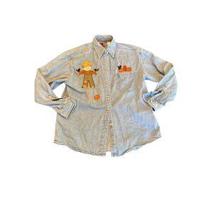 Denim Halloween Fall Autumn Scarecrow Womens Button-Up Shirt S Vintage 90s